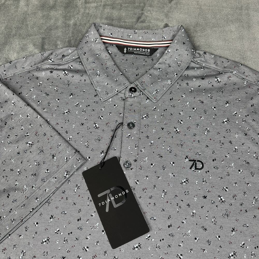 NWT 7 Diamonds Belmont Performance Polo Shirt Mens Small Gray Floral Wicking